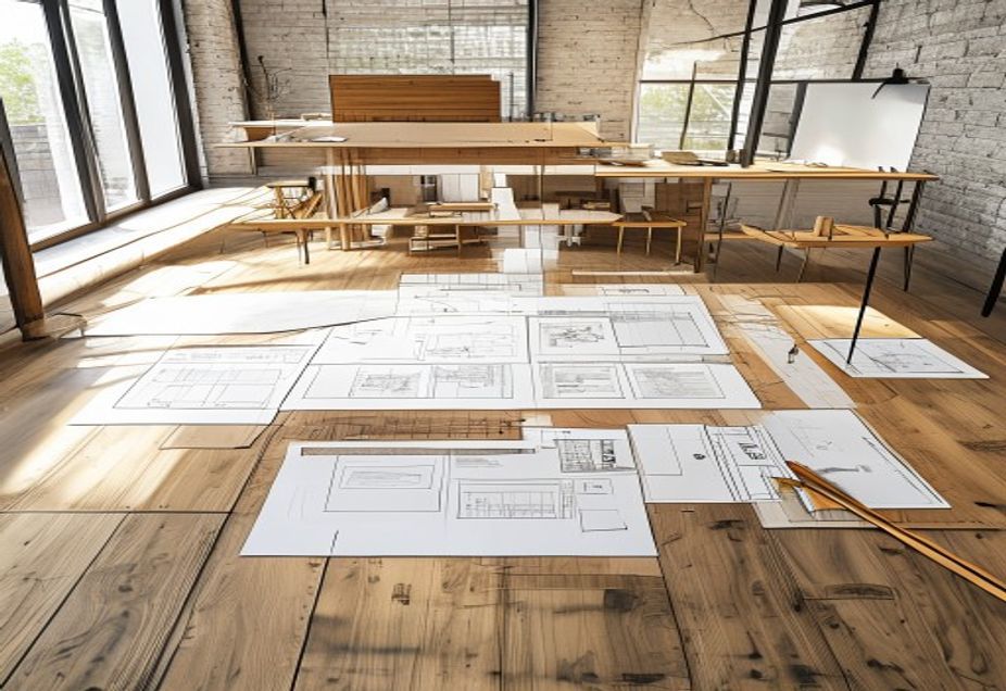 Architectural plans and material samples laid out in the Ashcroft studio