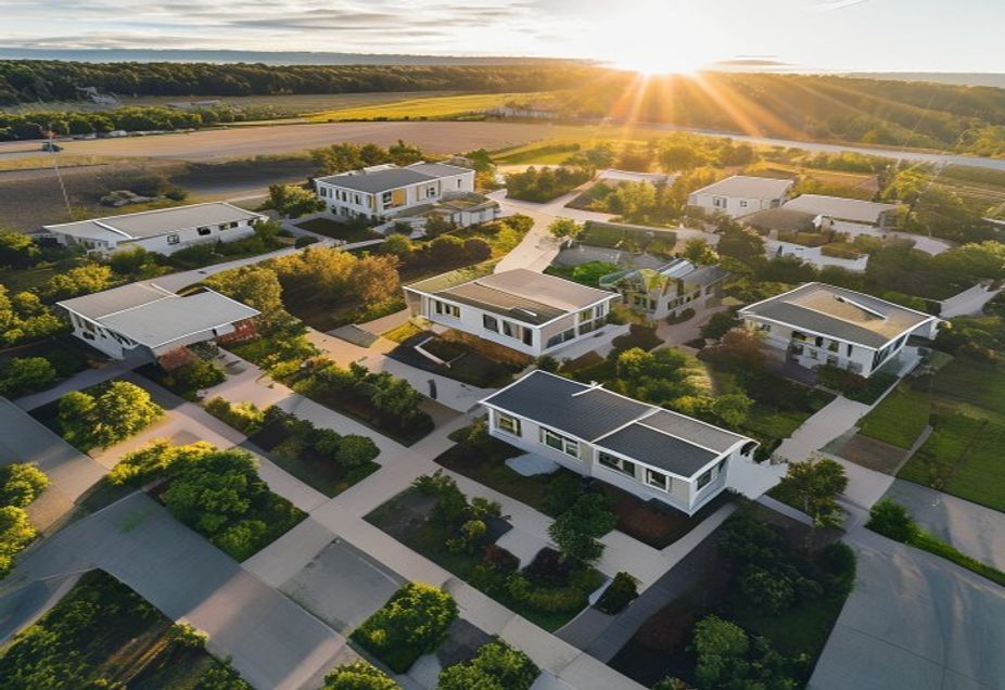 Aerial view of a small Auckland subdivision with several newly-built homes